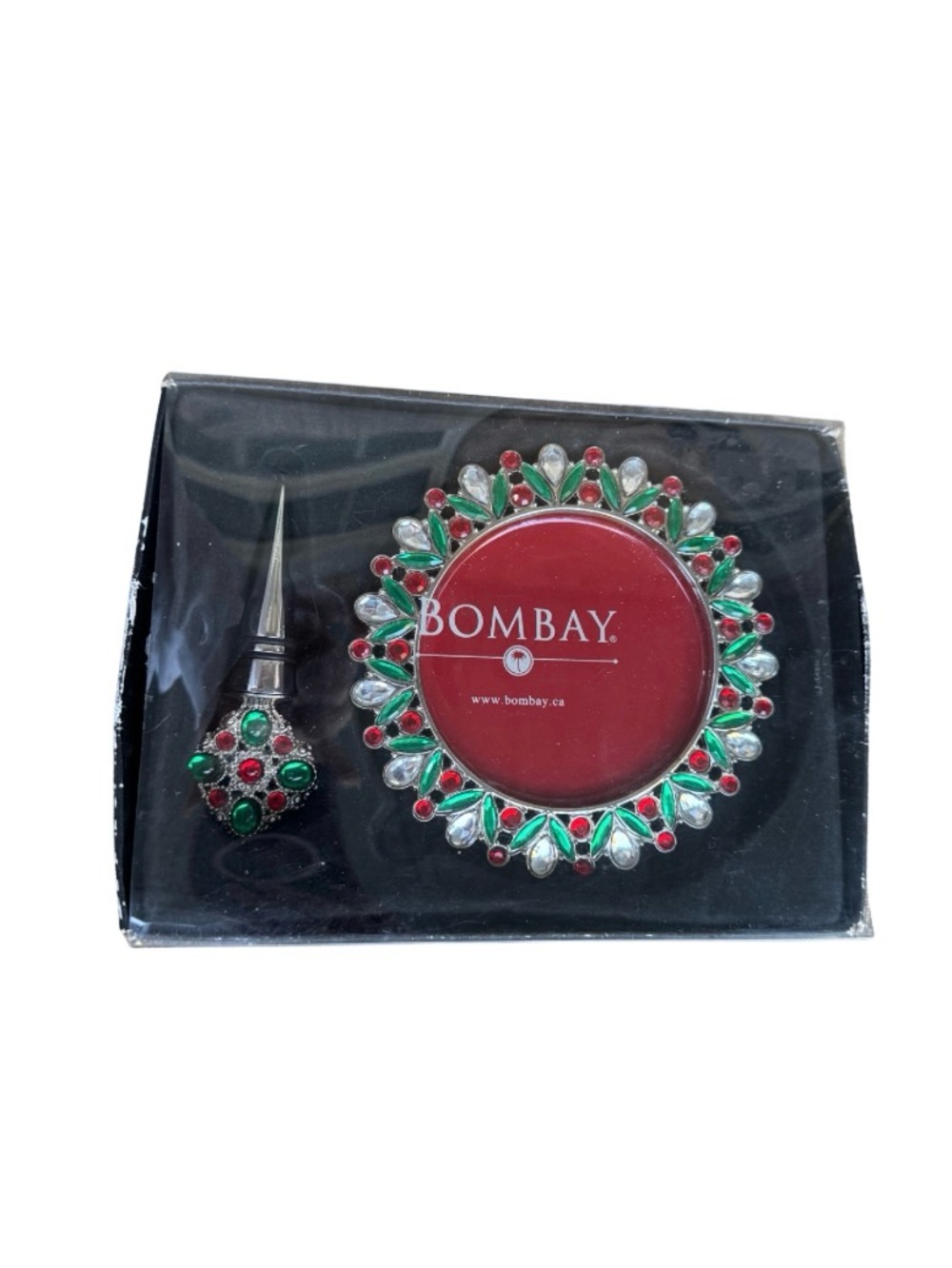 Bombay Red and Green Jeweled Brooch-Style Wine Stopper Set